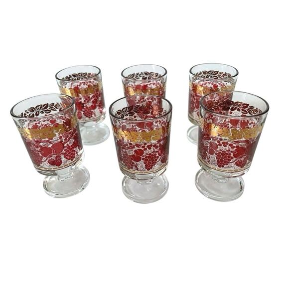 Vintage Red & Fold Motif Footed Glasses Set of 6 Retro Mid Century Barware Drink - Picture 2 of 7